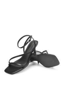Women Minimalist Low Kitten Heeled Sandals Open Square Toe Ankle Strap Sexy Dress Shoes For Autumn Wedding Party Prom Wearing - 黑色 - 查看 5