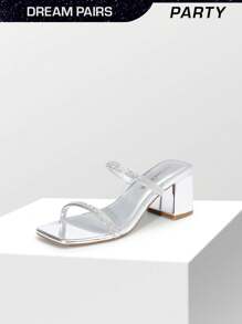 Women Rhinestone Decor Chunky Heeled Mule Sandals Square Open Toe Slip On Slides Mules Summer Sandals For Party Homecoming Daily - 銀色 - 查看 1