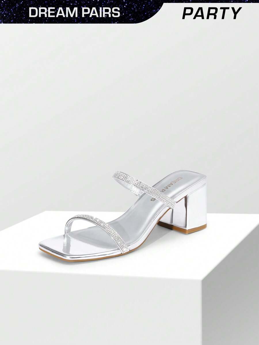 Women Rhinestone Decor Chunky Heeled Mule Sandals Square Open Toe Slip On Slides Mules Summer Sandals For Party Homecoming Daily - 銀色 - 查看 1