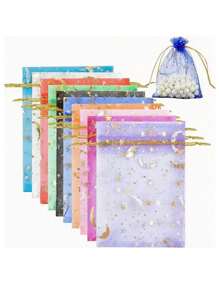 10pcs/Pack Organza Gift Bags With Golden/Silver Foil Star & Moon Print, Drawstring Jewelry/Cosmetic Pouches - Multicolor - View 5
