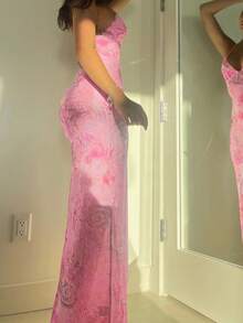 Spaghetti Strap Backless Fitted Floral Print Dress - Pink - View 8