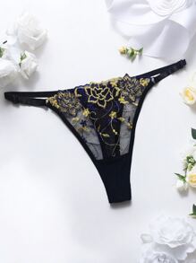 Sexy Lingerie Panties Embroidery Transparent Thong Adjustable Waist Ring Decor Lace Women Underwear, Low Rise, Hot
