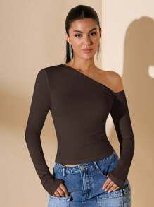Women's Minimalist Asymmetric Shoulder Long Sleeve Slim Fit T-Shirt Top, Daily Wear, Fall/Winter - 咖啡棕 - 查看 8