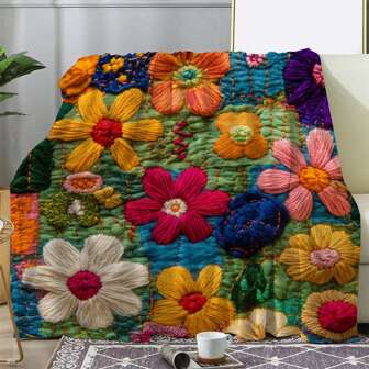 Manta bordada con estampado floral - Cálida, suave manta de franela para sofá, cama, automóvil, oficina, campamento, viaje - Estilo vintage, manta de regalo para todo el año, multicolor
