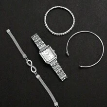 4pcs/Set Woman Casual Business Minimalist Style Quartz Watch & Bracelet Combination, Square Dial Watch Set - Silver - View 4