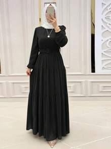 新款时尚女士系带长袖连衣裙，优雅休闲日常穆斯林连衣裙，新年连衣裙 - 黑色 - 查看 4