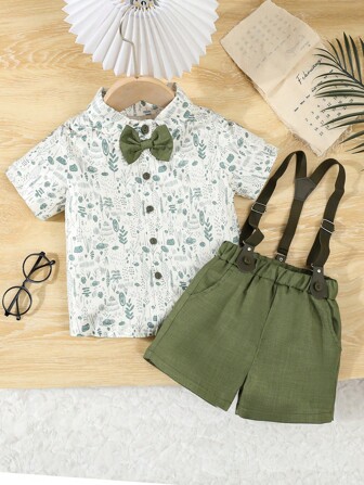 2pcs/Set Summer Boy Leaf Print Formal Outfit, Green Leaf Print Shirt + Shorts Set, Elegant Bowknot Suspender Suit, Suitable For Summer
