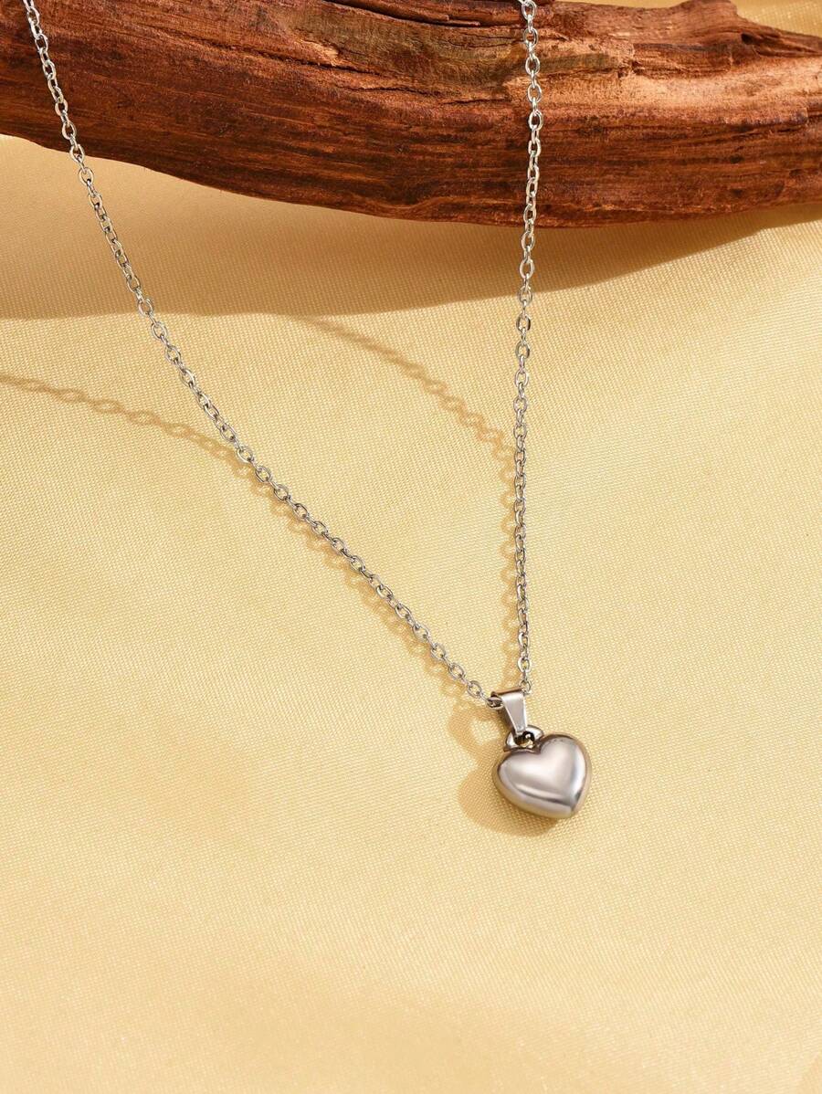 1pc Solid Heart Shaped Pendant Necklace, Suitable As A Gift For Teens - one-size - View 1