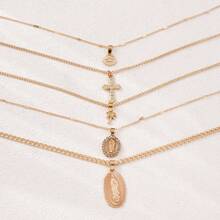 5pcs/Set European & American Cross & Lotus Style Vintage Gold-Tone Zinc Alloy Palm Tree & Virgin Mary Pendant Necklace Set, Multilayer Necklace Creative Personalized Accessory For Daily Wear