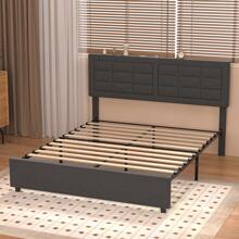 VECELO Queen Size Upholstered Bed With 4 Storage Drawers,  Bed Frame With Adjustable Tufted Button Headboard , Bed Frame With USB Charge Station