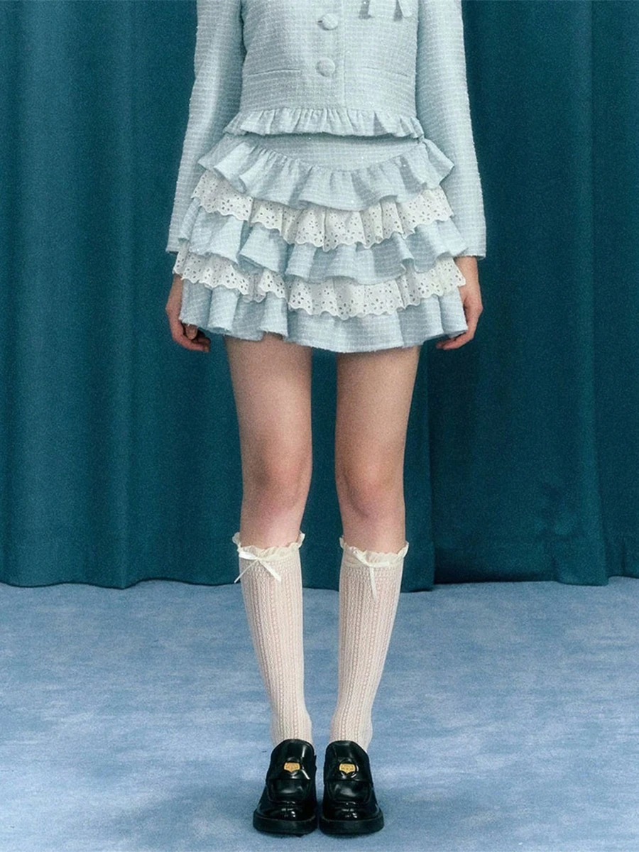 Women Plaid Mini Skirts High Waist Lace Patchwork A-Line Skirts Layered Ruffle Skirts - Blue - View 1