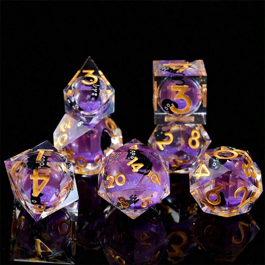 7pcs Liquid Cute Cat Glitter Dice Set, Handmade Resin Polyhedral RPG Dice With Sharp Edges, Roleplay Gaming Accessories Suitable For Christmas, Birthday, Festival, Party, Valentine's Day, Gift, Spring - Purple - View 1