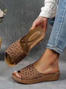 Women's Exported Cross-Stitched Metal Buckle Wedge Strap Sandals, Thick Sole Hollow Out Beach Slippers, Plus Size Wedge Platform Sandals