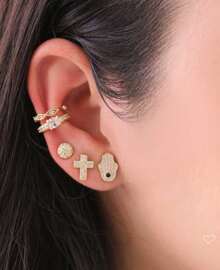 TRIO DE BRINCOS MIA OLHO GREGO MÃO HAMSA E CRUZ FOLHEADO A OURO 18K