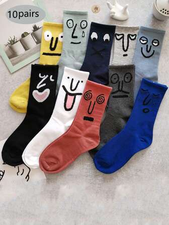 10 Pairs Funny Mid-Calf Socks, Unisex Cartoon High Waist Long Socks For Spring/Autumn, Fall