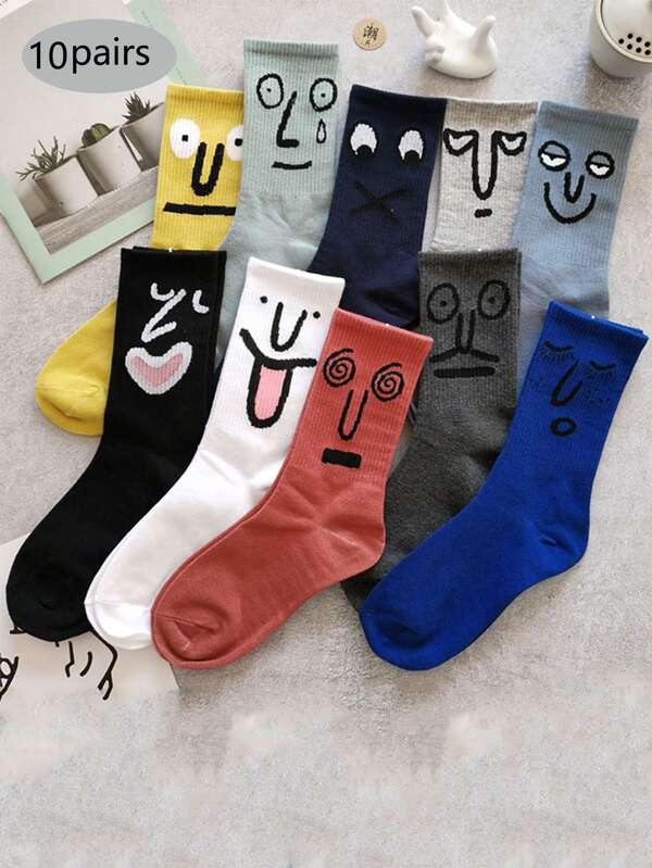 10 Pairs Funny Mid-Calf Socks, Unisex Cartoon High Waist Long Socks For Spring/Autumn