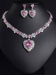 1set/3pcs Luxurious High-Quality Copper Gold-Plated Heart-Shaped Jewelry Set With Colorful Zirconia Stones, Necklace + Earrings, Suitable For Women, Brides, Bridesmaids, Party And Wedding Wear, Great Gift For Men