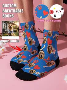 1 paire de chaussettes personnalisées avec impression du visage de l'animal de compagnie, chaussettes avec design de cœur d'animal de compagnie personnalisé, chaussettes décontractées confortables et respirantes, chaussettes de sport minimalistes à la mode, convenant aux activités extérieures, fitness, basketball, course