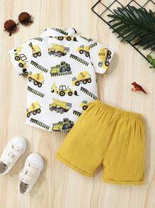 Set de 2 piezas Camisa polo de manga corta con estampado de vehículos de construcción y pantalones cortos deportivos de color liso, adecuado para uso casual, diario, vacaciones y fiestas, para niños, de algodón suave y cómodo