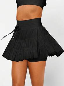 European & American Style Women's High Waist Tie-Up Pleated Pocket Black Mini Skirt, Spring/Summer - Black - View 4