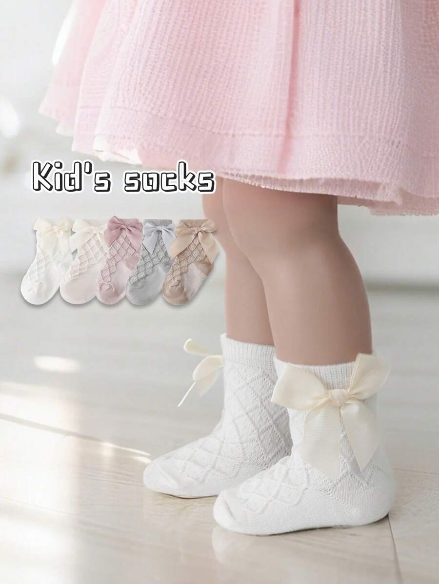 5 Pairs Spring/Summer Girls Socks, Lolita Bowknot Princess Knee High Socks, Autumn Leg Warmers Mid-Calf Short Socks