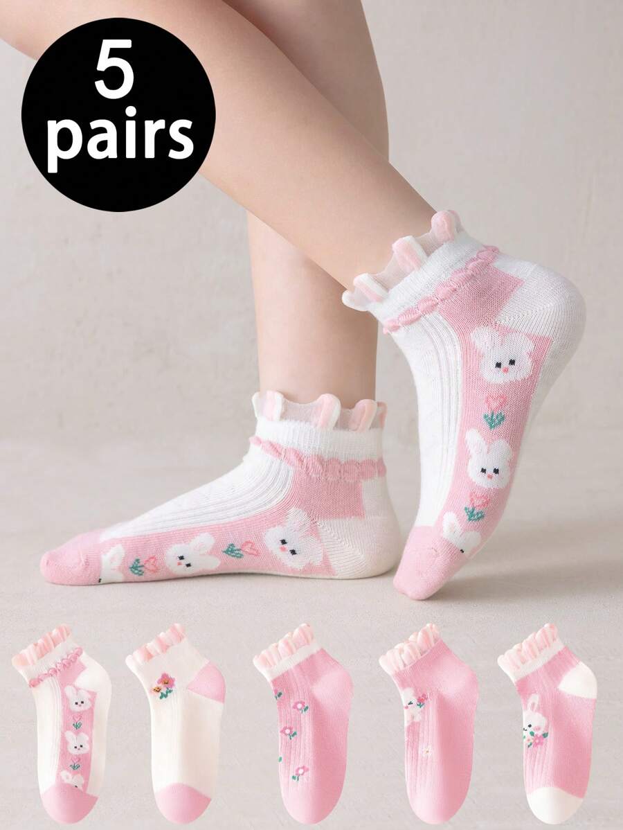 5 Pairs Girls' Korean Style Cartoon Bunny Pattern Breathable Lace Trim Princess Socks, Spring/Summer