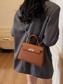 Women's PU Leather Geometric Lock Chain Small Square Shoulder Bag, Commuting Fashion Minimalist Street Elegant Purse - Brown - View 1