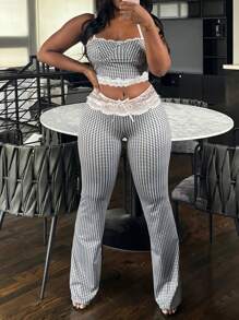 Women's Fashion Plaid High-Elasticity Camisole Top With Lace Trim And Pants 2 Pieces Set - 黑與白 - 查看 3