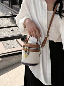 Mini bolso tipo cubo retro redondo - Contraste de color vibrante, diseño de bandolera elegante - Bolso cilíndrico versátil para un estilo moderno