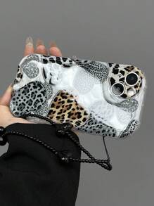 1pc Fashionable Glossy Leopard Print Heart Shockproof Thickened Phone Case, Compatible With IPhone 11/12/13/14, 11/12/13/14 Pro Max, XR, 15/15 Pro/15 Pro Max, And Galaxy A05/A15/A25/A35/A53/A54/A55/S23/S24, Including A Lanyard