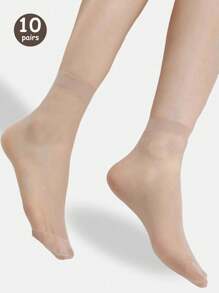 10 Pairs Women Sheer Nylon Ankle Socks, Thin Transparent Short Socks For Spring And Summer, Black And Nude Colors, Casual Design - Beige - View 7