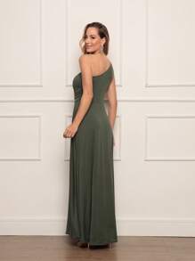 Party Dress Long Casual Bridesmaid Guest Elegant One Shoulder Light Fluity Romantic - 軍綠色 - 查看 5