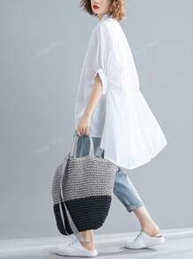 女士休闲蝙蝠袖短袖宽松衬衫，夏季舒适