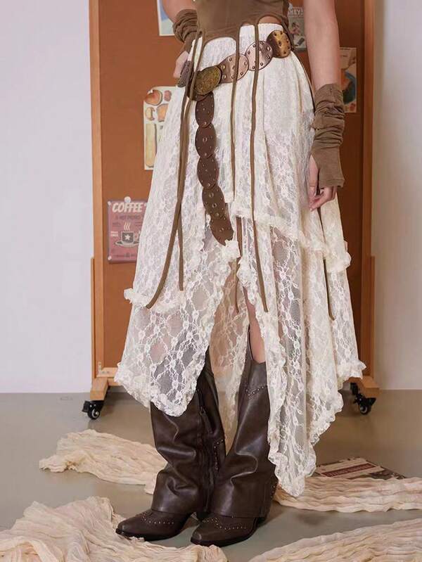 تنورة بشريط دانتيل ، تنورة شفافة جذابة ، تنورة شخصية مصممة للاستخدام اليومي (بدون بطانة)