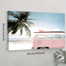 1pc Framed Canvas Poster, Pink Car With Surfboard And Palm Ocean Painting Wall Art Canvas Paintings, Ideal Gift For Bedroom Living Room Corridor Wall Art Room Decoration