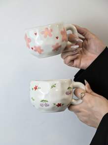 1pc Handmade Ceramic Mug, Asymmetrical Hand-Painted Cute Pattern, Flower Decor Mug, Everyday Drinkware For Office & Home, Suitable For Afternoon Tea, Coffee, Breakfast Oatmeal & Milk, Great Gift For Holidays & Birthdays Back To School