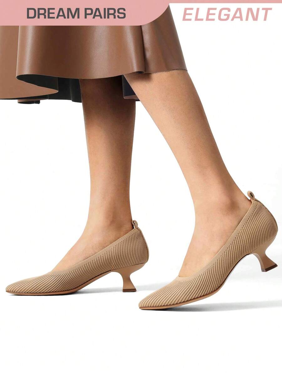 Women's Pointed Toe Kitten Heels Work Pumps Comfortable Knitted Closed Toe Dressy Wedding Shoes With Supportive Insole - 米色 - 查看 1