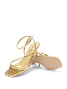 Women Minimalist Low Kitten Heeled Sandals Open Square Toe Ankle Strap Sexy Dress Shoes For Autumn Wedding Party Prom Wearing - Vàng - Xem 5