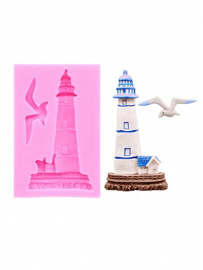 1 pezzo Stampo in silicone liquido, mini casa in silicone, faro, torretta di osservazione, accessori per decorazioni marittime in silicone per cioccolato, torte, decorazioni per dolci, resina a forma di gabbiano, paesaggi acquari fai-da-te, craft per l'oceano