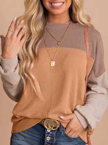 Contrast Color Drop Shoulder Long Sleeve Knit Crew Neck Top - Khaki - View 2