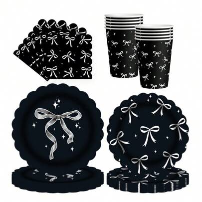 10 件/20 件/50 件/套，黑白蝴蝶结 9 英寸 7 英寸盘子和餐巾杯餐具套装，适用于舞会生日装饰，黑白生日派对用品，蝴蝶结生日装饰，万圣节派对餐桌装饰，可容纳 10 人，婴儿洗礼派对装饰