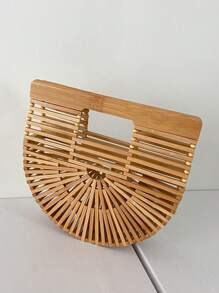 1pc Fashionable Unique Niche Asymmetrical Shaped Bag, Bamboo Woven Bag, Mini Beach Bag, Hollow Design, Interesting Gift, Personalized Strap, Asymmetrical Handheld, Daily Use, Beach Holiday, Shoulder Bag Crossbody, Beaded Long Strap, Women Handbag - Khaki - View 6