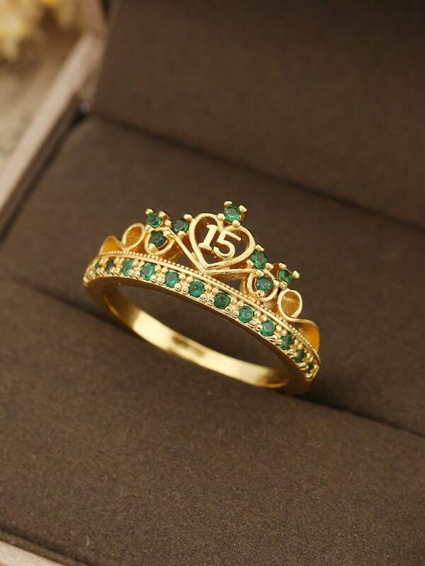 Cubic Zirconia Crown & Heart Shaped "15 Years" Sweet 15 Ring, Gift For Her
