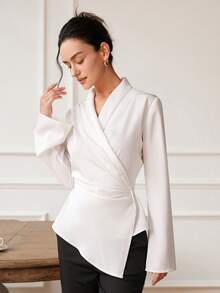 女式纯色 V 领长袖衬衫，腰部褶饰，优雅迷人，夏季女士长袖上衣 - 白色 - 查看 5