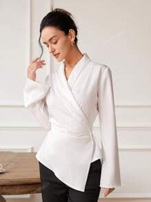 Blusa de manga larga con cuello en V y fruncido en la cintura para mujer, elegante y encantadora, ideal para verano