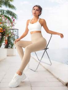 Yoga Leggings Seamless Ribbed Knitted Tummy-Control Butt Lift Breathable Quick-Drying Sports Leggings Wide Waistband Fitness Leggings - Apricot - View 1