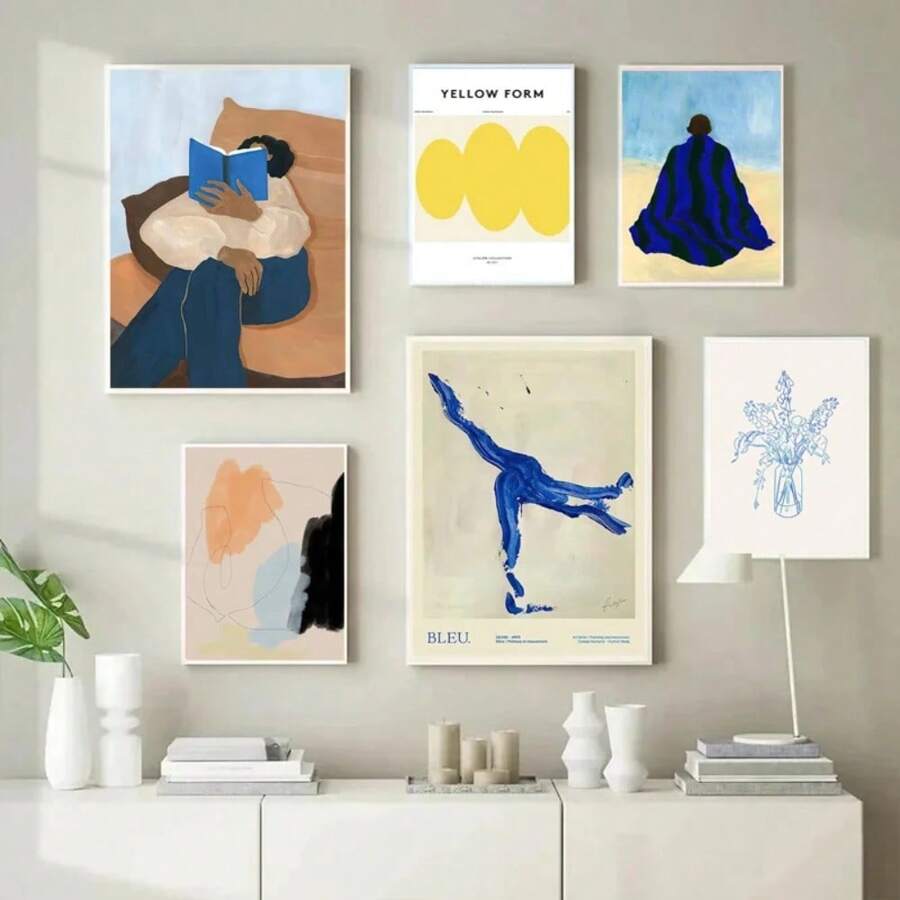 1 tấm áp phích trừu tượng chủ đề màu xanh lam, bình hoa sọc, tranh vải treo tường, phòng khách hiện đại, trang trí nhà không có khung