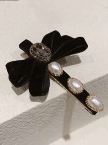 复古天鹅绒蝴蝶结仿珍珠发夹