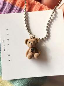 1pc Cute Milk Printed Flocked Bear Pendant Necklace, Clavicle Chain Sweater Jewelry - Multicolor - View 6