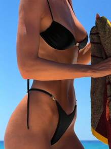 Damen Einfarbiger Sexy Bikini Set, 2 Teile Bademode für den Urlaub - Schwarz - Übersicht 6